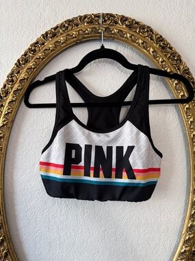 PINK Victoria's Secret Black White Sports Bra with Rainbow Stripe